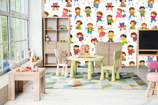 Wizualizacja tapety na ścianę do pokoju dziecięcego z dziećmi, z różnych narodów świata, kolorowo ubrane.
