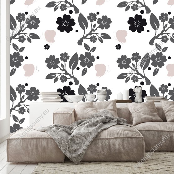 Wizualizacja tapety do sypialni, salonu, przedpokoju, gabinetu, pokoju dziennego, biura, w szare i czarne kwiaty, oraz różowe motyle, na białym tle. 