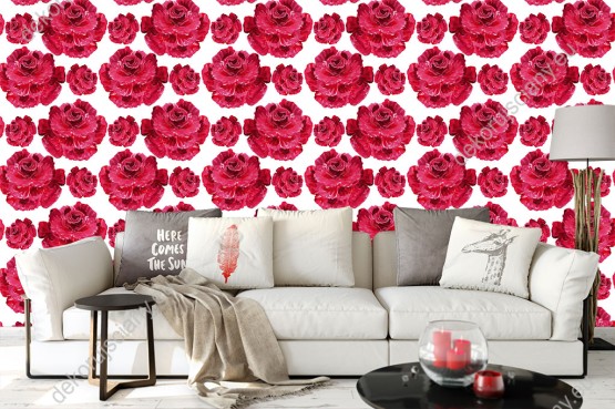 Wizualizacja tapety do sypialni, salonu, przedpokoju, pokoju dziennego, biura. Piękne, czerwone róże, na białym tle.