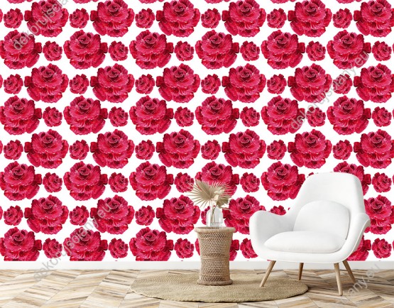 Wizualizacja tapety do sypialni, salonu, przedpokoju, pokoju dziennego, biura. Piękne, czerwone róże, na białym tle.