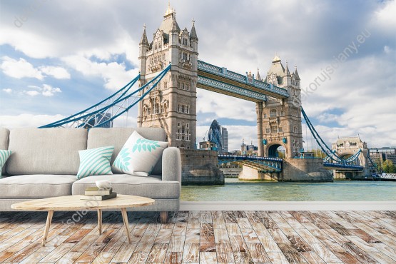 Wizualizacja fototapety z widokiem mostu zwodzonego Tower Bridge w Londynie. Fototapeta do sypialni, salonu, pokoju wypoczynkowego, gabinetu.