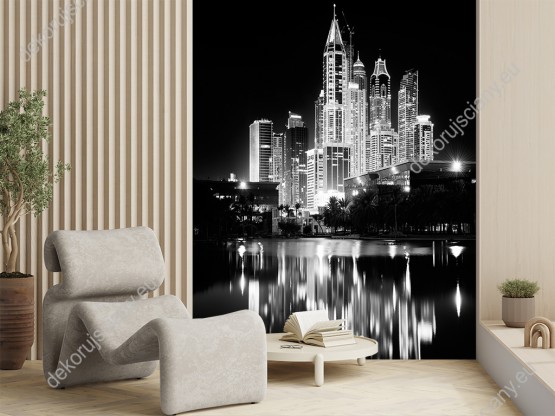 Wizualizacja czarno-białej fototapety w nowoczesnym designe z wieżowcami Dubai Marina nocą. Fototapeta miasta świetnie sprawdzi się w pokoju dziennym, salonie, sypialni, przedpokoju, jadalni, biurze oraz pokoju młodzieżowym.