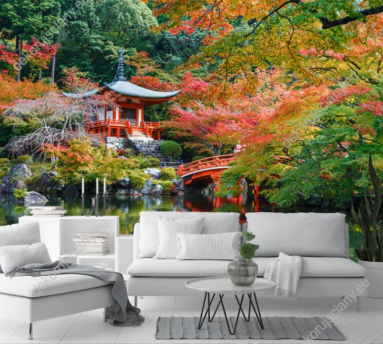 Wizualizacja fototapety z widokiem na świątynie i jesienny las w Japonii. Fototapeta do salonu, sypialni, pokoju dziennego, gabinetu, biura, przedpokoju.