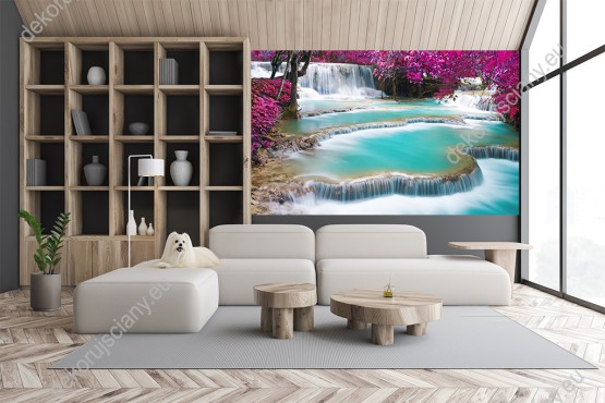 Wizualizacja fototapety z turkusowa wodą wodospadu w Laos. Fototapeta do salonu, sypialni, pokoju dziennego, gabinetu, biura, przedpokoju, jadalni.