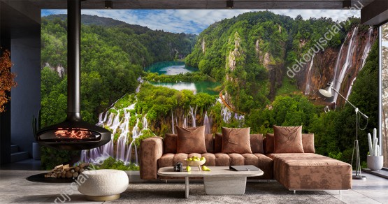 Wizualizacja fototapety z widokiem na piękny krajobraz wodospadów i bujnej zieleni lasów widziana z lotu ptaka. Fototapeta do pokoju dziennego, sypialni, salonu, biura, gabinetu, przedpokoju i jadalni.