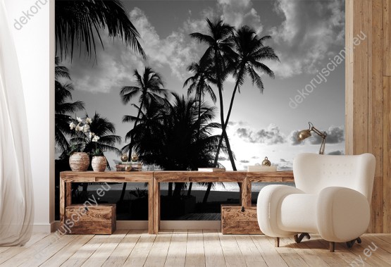 Wizualizacja czarno-białej fototapety z widokiem egzotycznych palm na tropikalnej plaży. Fototapeta do pokoju dziennego, sypialni, salonu, biura, gabinetu, przedpokoju i jadalni.