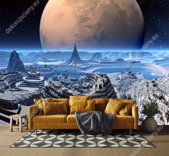 Wizualizacja fototapety z widokiem na futurystyczne miasto kosmiczne pokryte delikatnym śniegiem, z obcą planetą w tle. Fototapeta do pokoju dziennego, młodzieżowego, sypialni, salonu, biura, gabinetu, przedpokoju i jadalni.