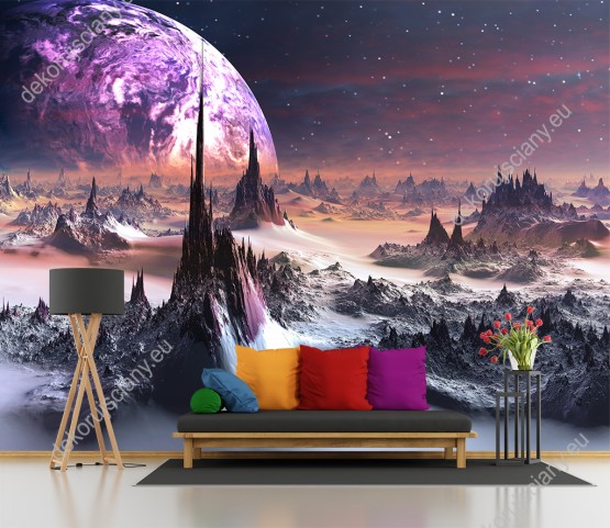Wizualizacja fototapety z widokiem kosmosu przedstawia zimową aurę na nieznaną planecie. Fototapeta do pokoju dziennego, młodzieżowego, sypialni, salonu, biura, gabinetu, przedpokoju i jadalni.