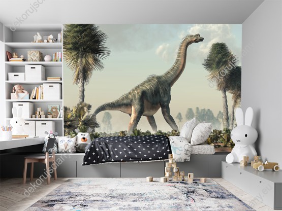 Wizualizacja fototapety do pokoju dziecięcego i młodzieżowego z motywem prehistorycznych dinozaurów. Na fototapecie brachiozaur stoi na mokradłach z okresu jurajskiego.