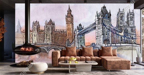 Wizualizacja fototapety przedstawia Big Ben i londyńskie mosty na malowanym farbami obrazie Anglii. Fototapeta do pokoju dziennego, młodzieżowego, sypialni, salonu, biura, gabinetu, przedpokoju i jadalni.