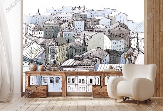 Wizualizacja fototapety z widokiem na stare miasto z nieznanego miejsca malowane ręką artysty. Fototapeta do pokoju dziennego, młodzieżowego, sypialni, salonu, biura, gabinetu, przedpokoju i jadalni.
