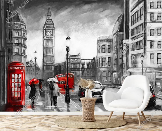 Wizualizacja czarno-białej fototapety z dodatkiem czerwieni z widokiem na parę pod parasolem, autobus i budkę telefoniczną, na malowanych farbami ulicach Londynu, z Big Benem w tle, Anglia. Fototapeta do pokoju dziennego, młodzieżowego, sypialni, salonu, biura, gabinetu, przedpokoju i jadalni.