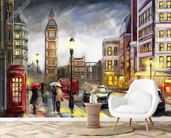 Wizualizacja fototapety z widokiem na parę pod parasolem, czerwony autobus i budkę telefoniczną, na malowanych farbami ulicach Londynu, z Big Benem w tle, Anglia. Fototapeta do pokoju dziennego, młodzieżowego, sypialni, salonu, biura, gabinetu, przedpokoju i jadalni.