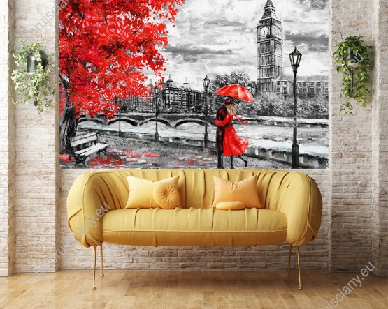 Wizualizacja czarno-białej fototapety z dodatkiem czerwieni z widokiem na mężczyznę i kobietę pod parasolem na tle rzeki Big Bena w Londynie. Fototapeta do pokoju dziennego, sypialni, salonu, przedpokoju i jadalni.