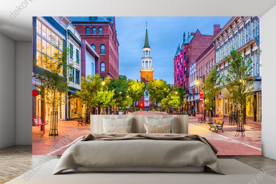 Wizualizacja fototapety z widokiem na nocne ulice miasta Burlington w USA. Fototapeta do pokoju dziennego, młodzieżowego, sypialni, salonu, biura, gabinetu, przedpokoju i jadalni, optycznie powiększająca pomieszczenie.