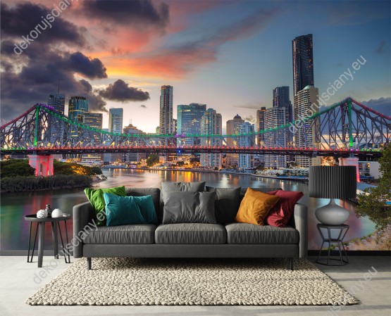 Wizualizacja fototapety z widokiem na most Story Bridge a w tle panorama miasta Brisbane w Australii. Fototapeta do pokoju dziennego, młodzieżowego, sypialni, salonu, biura, gabinetu, przedpokoju i jadalni.