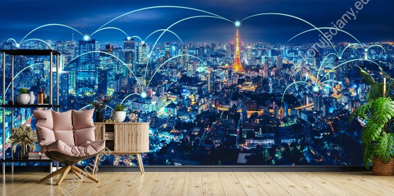 Wizualizacja fototapety z nocną panoramą miasta w dobie nowoczesnych technologii. Fototapeta do pokoju dziennego, młodzieżowego, sypialni, salonu, biura, gabinetu, przedpokoju i jadalni.