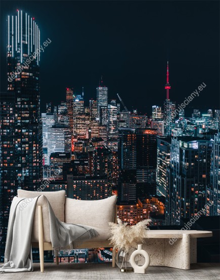 Wizualizacja fototapety z widokiem na panoramę miasta Toronto w mrocznej scenerii. Fototapeta do pokoju dziennego, sypialni, salonu, biura, gabinetu, przedpokoju i jadalni.
