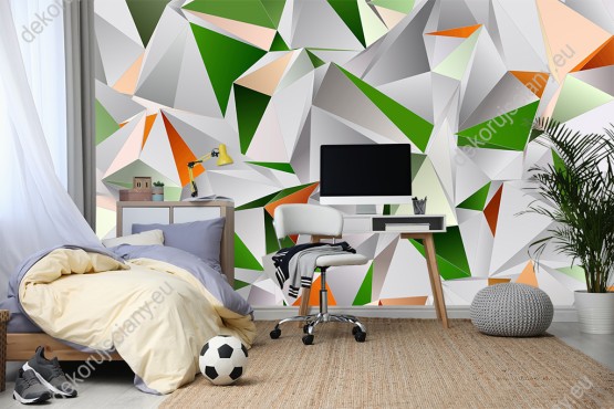 Wizualizacja fototapety z efektem 3D przedstawia kolorowe trójkąty połączone ze sobą tworząc abstrakcyjne bryły. Fototapeta do pokoju dziennego, młodzieżowego, sypialni, salonu, biura, gabinetu, przedpokoju i jadalni.