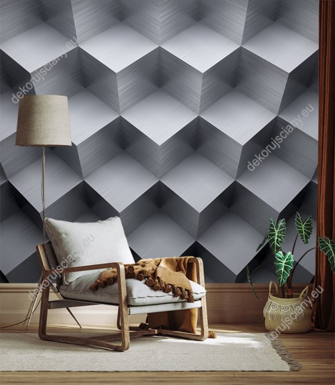 Wizualizacja fototapety z efektem 3D przedstawia metaliczne sześciany ułożone regularnie. Fototapeta do pokoju dziennego, młodzieżowego, sypialni, salonu, biura, gabinetu, przedpokoju i jadalni.