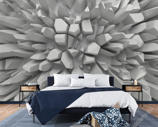 Wizualizacja fototapety z efektem 3D przedstawiająca bryły geometryczne o różnych kształtach wychodzące ze ściany. Fototapeta do pokoju dziennego, młodzieżowego, sypialni, salonu, biura, gabinetu, przedpokoju i jadalni.