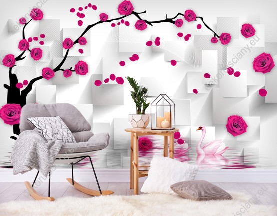 Wizualizacja fototapety z efektem 3D przedstawia różane drzewo na tle abstrakcyjnych, białych kwadratów. Fototapeta do pokoju dziennego, młodzieżowego, sypialni, salonu, biura, gabinetu, przedpokoju i jadalni.