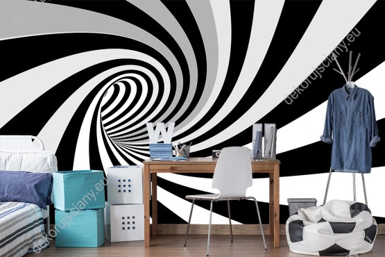 Wizualizacja fototapety z efektem 3D przedstawia tunel tworzący wir w kolorze czarno-białym. Fototapeta do pokoju dziennego, młodzieżowego, sypialni, salonu, biura, gabinetu, przedpokoju i jadalni.
