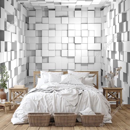 Wizualizacja fototapety z efektem 3D w białe kostki powiększające optycznie pomieszczenie. Fototapeta do pokoju dziennego, młodzieżowego, sypialni, salonu, biura, gabinetu, przedpokoju i jadalni.