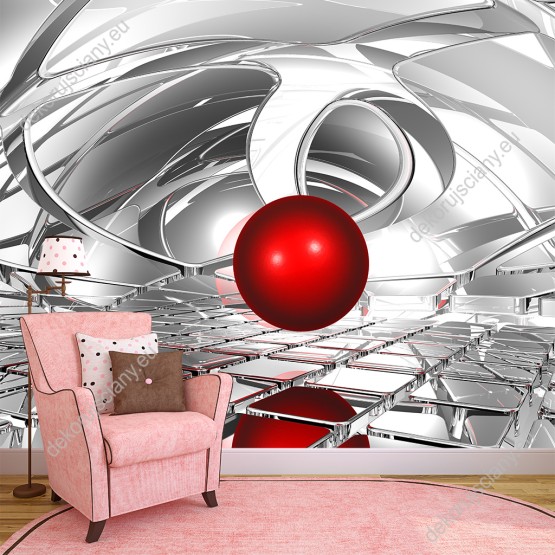 Wizualizacja fototapety z efektem 3D przedstawia czerwoną, koralową kulę zawieszoną w przestrzennym nieładzie. Fototapeta do pokoju dziennego, młodzieżowego, sypialni, salonu, biura, gabinetu, przedpokoju.