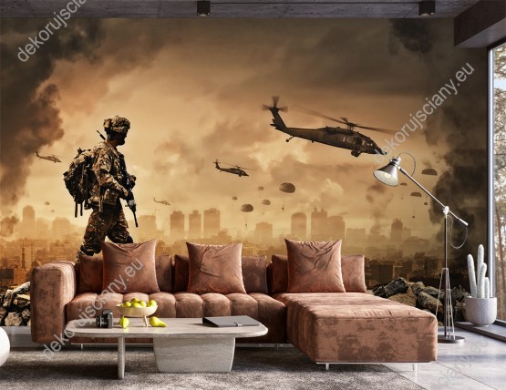 Wizualizacja fototapety o tematyce militarnej, z żołnierzem na polu bitwy. Fototapeta do pokoju dziennego, młodzieżowego, sypialni, salonu, biura, przedpokoju.