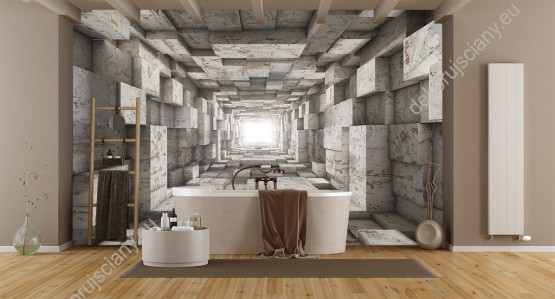 Wizualizacja fototapety przedstawia tunel bloków w kolorze marmurkowym dający efekt 3D i optycznie powiększający pomieszczenie. Fototapeta do pokoju dziennego, młodzieżowego, sypialni, salonu, biura, gabinetu, przedpokoju i jadalni.