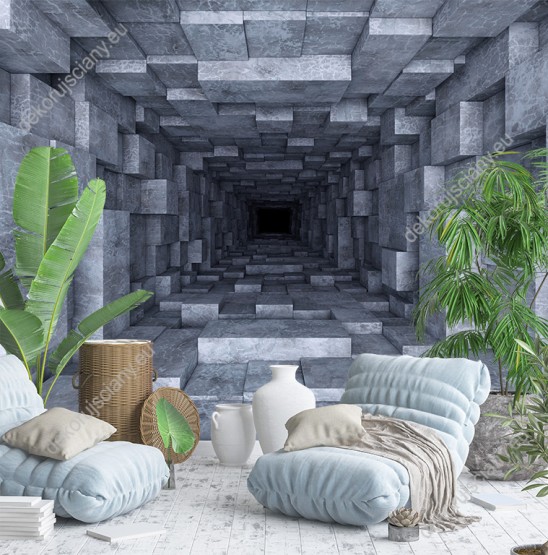 Wizualizacja fototapety przedstawia tunel z murowanych, szarych bloków dający efekt 3D i optycznie powiększający pomieszczenie. Fototapeta do pokoju dziennego, młodzieżowego, sypialni, salonu, biura, gabinetu, przedpokoju i jadalni.