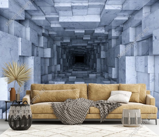 Wizualizacja fototapety przedstawia tunel z szarych bloczków granitowych z efektem 3D i optycznie powiększający pomieszczenie. Fototapeta do pokoju dziennego, młodzieżowego, sypialni, salonu, biura, gabinetu, przedpokoju i jadalni.