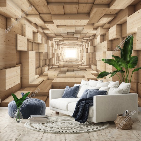 Wizualizacja fototapety przedstawia tunel z jasnego drzewa, który optycznie powiększy pomieszczenie i daje efekt 3D. Fototapeta do pokoju dziennego, młodzieżowego, sypialni, salonu, biura, gabinetu, przedpokoju i jadalni.