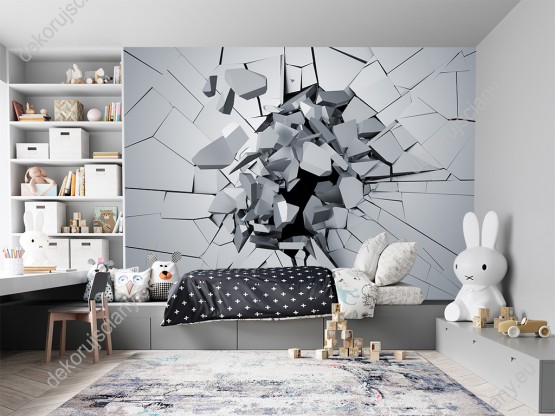 Wizualizacja fototapety przedstawia rozbitą, szarą ścianę tworzącą efekt 3D. Fototapeta do pokoju dziennego, młodzieżowego, sypialni, salonu, biura, gabinetu, przedpokoju i jadalni.