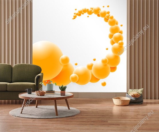 Wizualizacja fototapety przedstawia zawieszone w przestrzeni pomarańczowe kule atomowe z efektem 3D. Fototapeta do pokoju dziennego, młodzieżowego, sypialni, salonu, biura, gabinetu, przedpokoju i jadalni.