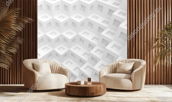 Wizualizacja fototapety przedstawia dużo białych kostek, które tworzą efekt 3D. Fototapeta do pokoju dziennego, młodzieżowego, sypialni, salonu, biura, gabinetu, przedpokoju i jadalni.