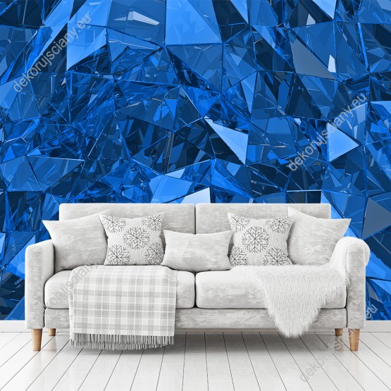 Wizualizacja fototapety przedstawia niebieskie, szklane bryły łączące się w jedną całość i tworzące efekt 3D. Fototapeta do pokoju dziennego, młodzieżowego, sypialni, salonu, biura, gabinetu, przedpokoju i jadalni.