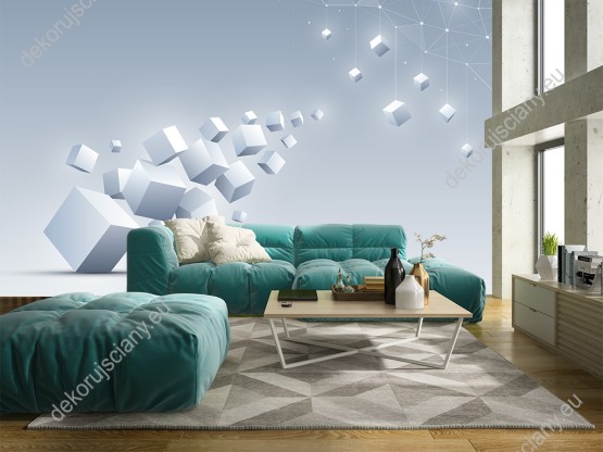 Wizualizacja fototapety przedstawia szare sześciany 3D dryfujące w przestrzeni. Fototapeta do pokoju dziennego, młodzieżowego, sypialni, salonu, biura, gabinetu, przedpokoju i jadalni.