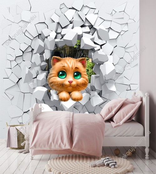 Wizualizacja fototapety do pokoju dziennego, dziecięcego, młodzieżowego, salonu ze słodkim, rudym kotkiem zaglądającym przez dziurę w rozbitej ścianie.