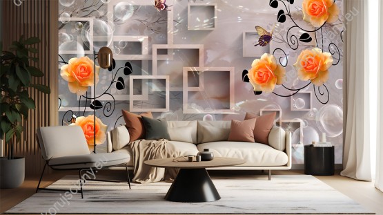 Wizualizacja fototapety  przedstawia pomarańczowe róże na tle beżowych, abstrakcyjnych figur, tworzących efekt 3D. Fototapeta do pokoju dziennego, młodzieżowego, sypialni, salonu, biura, gabinetu, przedpokoju i jadalni.