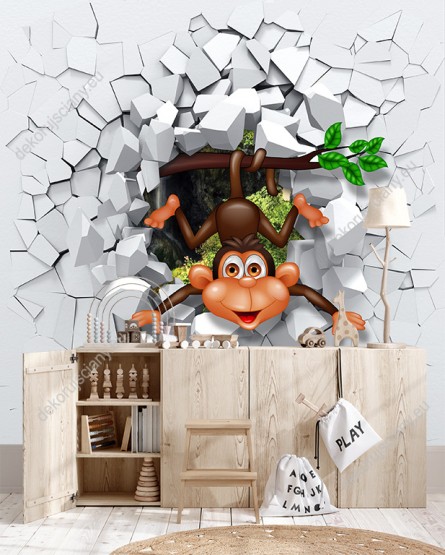 Wizualizacja fototapety z efektem 3D przedstawia małpkę zaglądającą przez szarą, rozbitą ścianę. Fototapeta do pokoju dziecięcego i młodzieżowego.