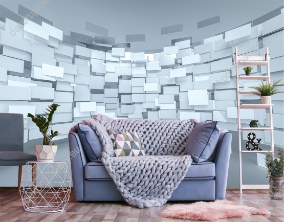 Wizualizacja fototapety przedstawia zawieszone w przestrzeni prostokąty, na szarym tle, z efektem 3D. Fototapeta do pokoju dziennego, młodzieżowego, sypialni, salonu, biura, gabinetu, przedpokoju i jadalni.