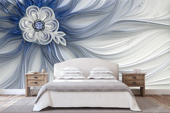Wizualizacja fototapety z efektem 3D przedstawia fantazyjny kwiat w abstrakcyjnym wydaniu. Fototapeta do pokoju dziennego, młodzieżowego, sypialni, salonu, biura, gabinetu, przedpokoju i jadalni.