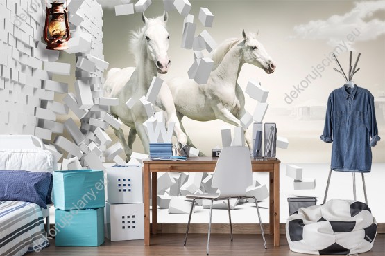 Wizualizacja fototapety do pokoju dziennego, dziecięcego, młodzieżowego, sypialni, salonu, biura z efektem 3D. Fototapeta z widokiem białych galopujących koni, wybiegających zza rozpadającej się ściany.