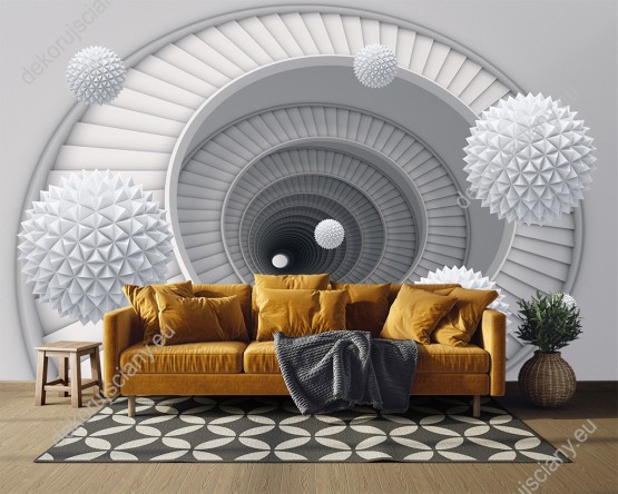 Wizualizacja fototapety z efektem 3D przedstawia białe kule przemieszczające się po przestrzennych korytarzach. Fototapeta do pokoju dziennego, młodzieżowego, sypialni, salonu, biura, gabinetu, przedpokoju i jadalni.