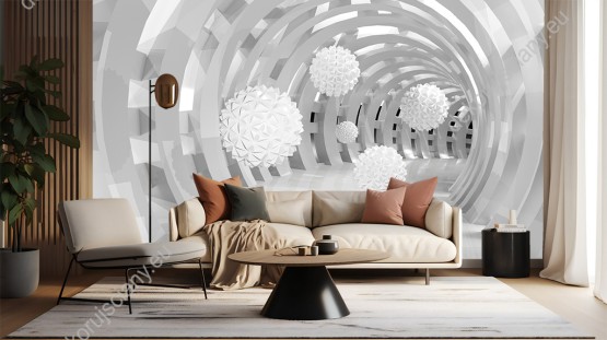 Wizualizacja fototapety z efektem 3D przedstawia białe, abstrakcyjne kule zawieszone w przestrzeni nowoczesnego tunelu. Rodzaj takiej fototapety optycznie powiększa pomieszczenie i sprawdzi się na ścianie pokoju dziennego, młodzieżowego, sypialni, salonu, biura, gabinetu, przedpokoju i jadalni.