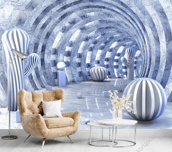 Wizualizacja fototapety z efektem 3D przedstawia figury geometryczne o różnej budowie i kształtach rozmieszczone w tunelu. Rodzaj takiej fototapety optycznie powiększa pomieszczenie i sprawdzi się na ścianie pokoju dziennego, młodzieżowego, sypialni, salonu, biura, gabinetu, przedpokoju i jadalni.
