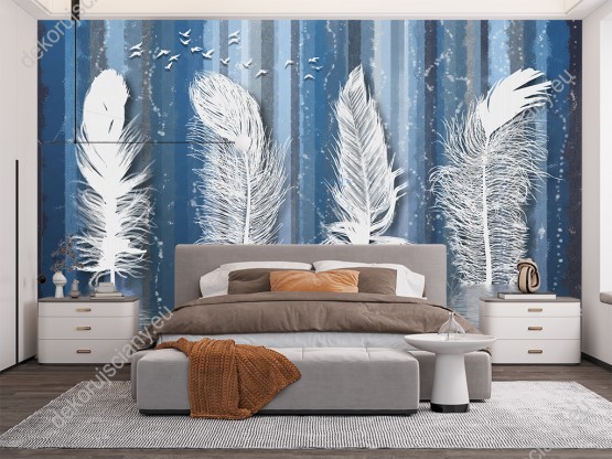 Wizualizacja fototapety z efektem 3D przedstawia białe pióra unoszące się nad wodą, na pasiastym tle. Fototapeta do pokoju dziennego, młodzieżowego, sypialni, salonu, biura, gabinetu, przedpokoju i jadalni.