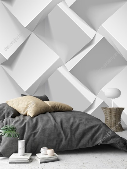 Wizualizacja fototapety z białych sześcianów dających efekt 3D. Fototapeta do pokoju dziennego, młodzieżowego, sypialni, salonu, biura, gabinetu, przedpokoju i jadalni.